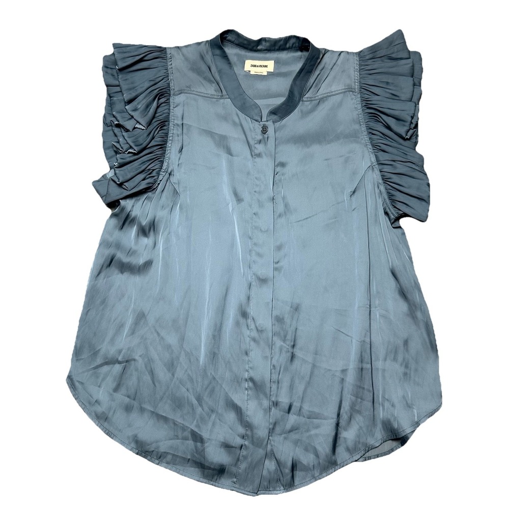 Zadig & Voltaire Tiza Satin Ruffle Top In Bluestone Woman's Size Medium $348 - Picture 4 of 10